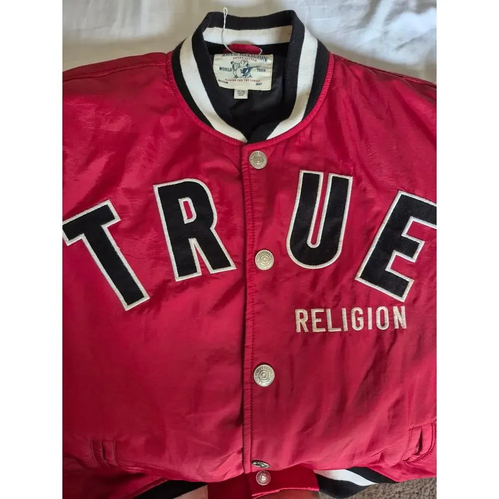 True Religion Varsity Jacket Mens XL Red Vintage 2002 Graphic Logo Streetwear